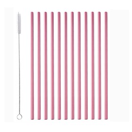 Stainless Steel Drinks Straws Reusable Metal Straws Pink 12 Straight with 1 Cleaning Brush