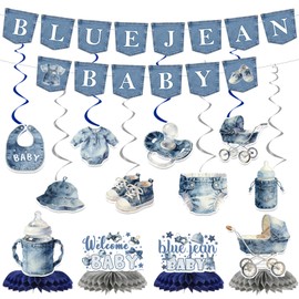 14 Pcs Blue Jean Baby Shower Decorations Set - A Little Denim Baby is on the Way Banner, Hanging Swirls, Honeycomb Centerpieces, Western Cowboy Gender Reveal Party Supplies, Neutral Boy Girl Decor