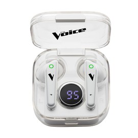 The Voice Duo True Wireless Stereo Earbuds with Mic, White Color, Charging Case with LCD Screen, Bluetooth Connect, Auto-Pairing, Use with Siri or Google Assistant, iOS or Android Compatible