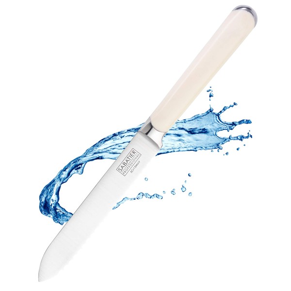 Sabatier Professional Serrated Utility Kitchen Knife - 5in/12cm Full Tang Taper Ground Stainless Steel Blade, Cream Handle. Sharp for Longer, Lifetime Performance 25yr Guarantee
