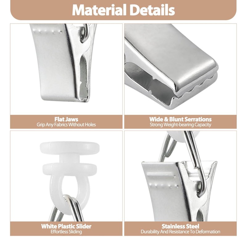60 PCS Curtain Hook Clips, Stainless Steel Metal Clips, Curtain