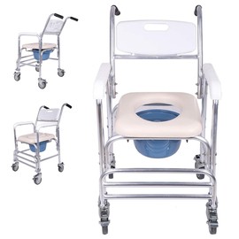 Medical Folding Commode, Rolling Shower Commode Chair, Toilet Wheeled Commode with Removable Commode Bucket Lid (White)