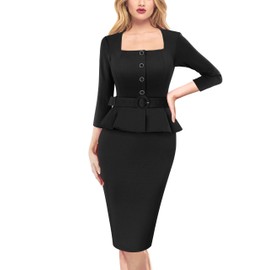 VFSHOW Womens 2024 Square Neck Peplum Buttons Belted Business Work Office Vintage Slim Pencil Sheath Dress (Black, Large) 11350 BLK L