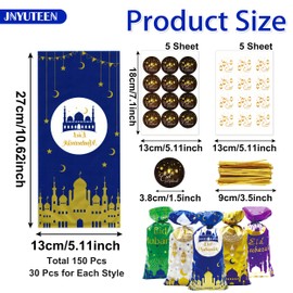 150 Pieces Eid Mubarak Plastic Goody Bags, Ramadan Candy Goodies Cookie Bags, 5 Designs Muslim Castle Moon Star Pattern Ramadan Treat Bags Cellophane Bags for Eid Mubarak Ramadan Party Decorations
