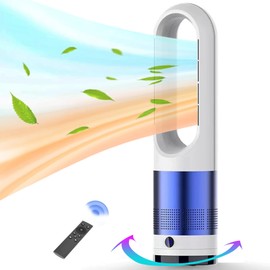 Voagupa Bladeless Heater and Fan Combo, 1400 Watt Heater Fan and 40 Watt Cold Fan, 80° Oscillating Fan, All the Season Use, Remote and Touch Control, Floor Tower fan, Office Room, Bedroom, Blue White