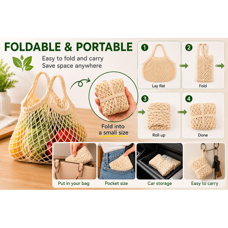 5-Pack Beige Cotton Reusable Mesh Shopping Bag 20cm