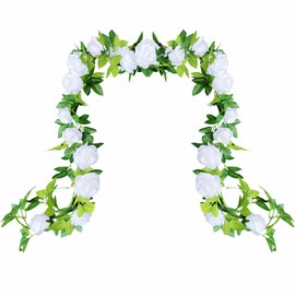 UKELER 2 Pack 14FT Artificial Rose Vines White Flower Garland Artificial Rose Flowers with Green Leaves Floral Plant for Wedding Arch Party Garden Craft Home Decor
