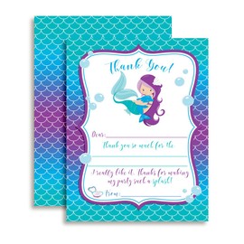 Magical Mermaid Thank You Notes for Kids, Ten 4" x 5.5" Fill In The Blank Cards with 10 White Envelopes by AmandaCreation