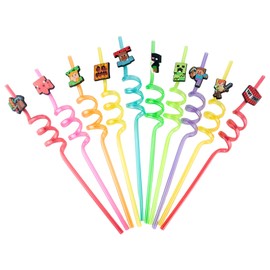 GWAWG 10 Pcs Reusable Gaming Drinking Straws Random Colours Novelty Miner Straw Curly Hard Plastic Cartoon Party Straws for Kids Adult Birthday Party