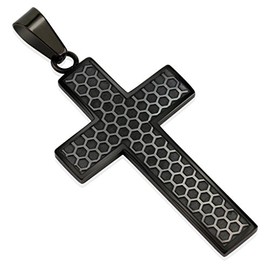 Paula & Fritz® Men's Pendant Cross Honeycomb Pattern 316L Surgical Steel Black 57 x 27 mm Necklaces Pendant Women's Necklace Pendant Men's Chains, Stainless Steel Stainless steel Surgical steel