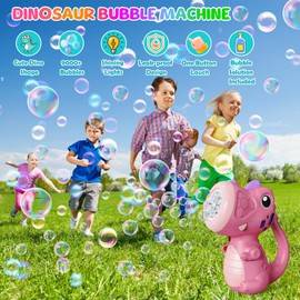 Babuloo Dinosaur Bubble Machine, Handheld Automatic Bubbles Machine for Kids 9000+ Bubbles Per Min with Bubble Solution/Lights, Portable Dino Bubble Maker Blower Toys for Outdoor Party Wedding-Pink