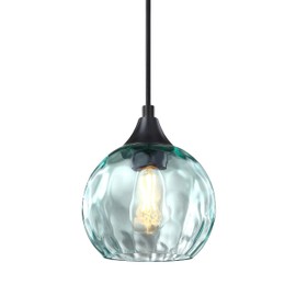 SEENMING HOUSE 2 Pack Hanging Kitchen Island Pendant Light 6.3" Clear Hammer Green Glass Pendant Ceiling Light Fixture Black Finish Modern Farmhouse Dinning Over Sink(Adjustable Height Cord)