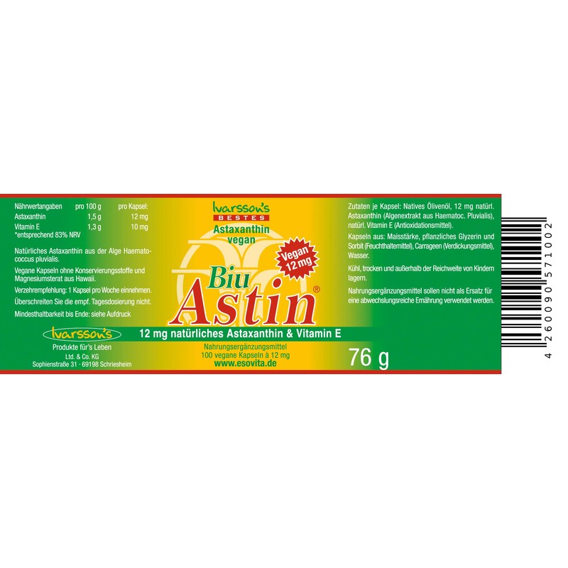 Astaxanthin I 100 Capsules Vegan I Ivarssons BiuAstin I 12
