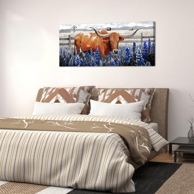 Conipit Longhorn Cattle Wall Art Bluebonnet Pictures Western Canvas Art,