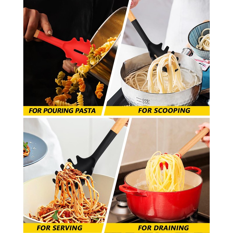 Pack of 2 Spaghetti Spoon, Silicone Pasta Fork with Wooden