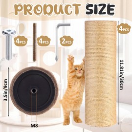 BrightRow 4 Pcs M8 Cat Scratching Post Replacement 11.8x3.5'' Sisal Pole Cat Tree Climbing Post Replacement with Screw, Refill Scratcher Pole for Indoor Kitten Tree Tower Spare Pet(Primary Color)
