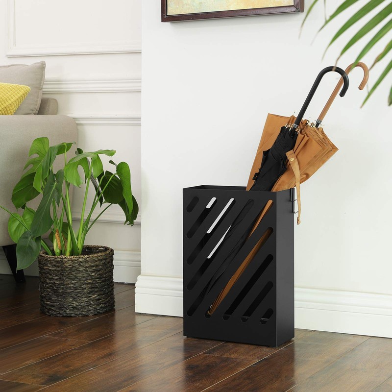 SONGMICS Umbrella Stand, Rectangular Umbrella Holder with Water Tray, Hooks,