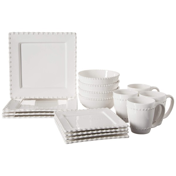 American Atelier Bianca Bead 16-Piece Ceramic Square Dinnerware Set-4 Dinner & 4 Salad Plates, 4 Bowls, 4 Mugs – Gift for Special Occasion, Party, or Birthday, PC, White