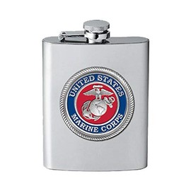 Heritage Pewter Marines Flask - Eagle Globe & Anchor | 8 Ounce Liquor Flask Container - Stainless Steel | Intricately Crafted Metal Pewter Alma Mater Inlay