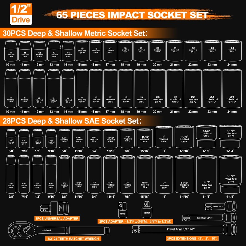 Impact Socket Wrench Set 1/2" Drive - Trivd Frol 65pcs