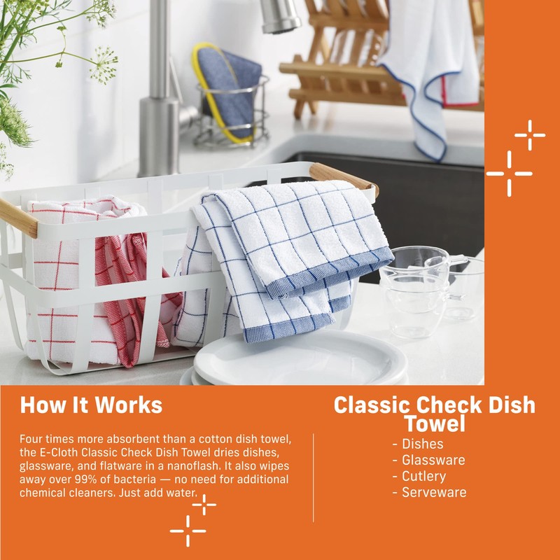 E-Cloth Classic Check Tea Microfibre Dish Towel, Streak-Free and Absorbent
