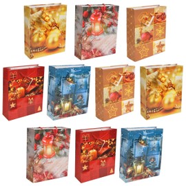 Pack of 10 Christmas Gift Bags, Modern, Size Medium, Sturdy Christmas Bags from HRB, Dimensions of Christmas Gift Packaging 23 x 18 x 10 cm (H x W x D)