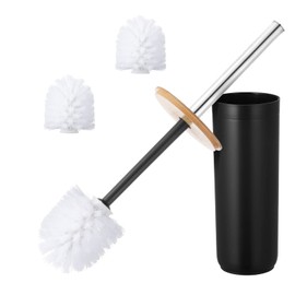 Kinsinder Bamboo Toilet Brush with Bamboo Handle with 3 Brush Heads, Decorative Bathroom Accessories (Black)