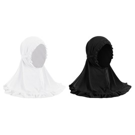 YJZQ Girls' Muslim Headscarf, Soft Hijab, Breathable Headwear, Elastic Islamic Hijab with Ruffled Lace, Foldable Arabic Headpiece for 2-6 Years Old, Black + white