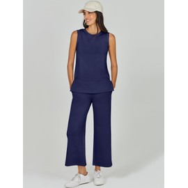 ANRABESS Women's 2 Piece Sets Summer Outfits Sleeveless Wide Leg Tracksuits Casual Sweat Sets Lounge Sweatsuits, Navy, Medium