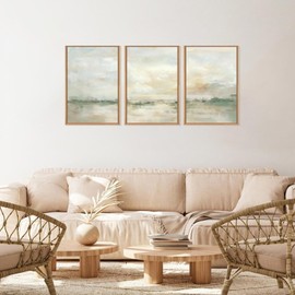 LHIUEM Large Abstract Green Gray Pastel Framed Canvas Wall Art,Neutral Landscape Wall Decor,Modern Watercolor Lake Artwork,Beige Textured Illustrations Art for Living Room,Bedroom,Office- 24"x36"x3