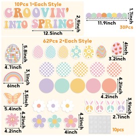 CPicdn 112Pcs Hippie Groovin’ Into Spring Bulletin Board Classroom Decoration Retro Groovy Spring Flowers Cutouts Easter Egg Name Tag Border Trim School Classroom Chalkboard Wall Decor Easter Supplies
