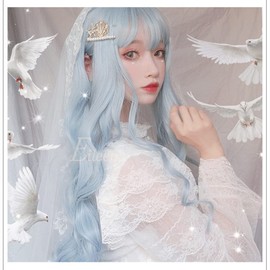 Eileen Long Curly Light Blue Wig, Perm, Full Wig, Natural Texture, Curly Hair, Princess Hair, Fluffy, Heat Resistant, Wig, Wind Away Girl, Small Face, Cute