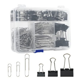 Juego de clips de carpeta y clips de papel jumbo de tamaño surtido, 340 piezas, color negro, grande para suministros de oficina y escuela, en contenedor con compartimentos