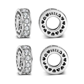 MEETCCY Round Spacer Charms for Bracelets - 925 Sterling Silver Beads Clip Stopper for Women's Bracelet (White Crystal-4PC)