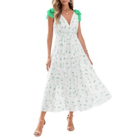 Wenrine Womens Summer Floral Maxi Dress Casual Self Tie Sleeveless V Neck Smocked Boho Tiered Beach Sundresses Green