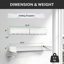 Zetez Wall Mounted Laundry Drying Rack, Retractable & Foldable, 31.5" Wide, 13.2 Linear Ft, 5 Heavy-Duty Aluminum Rods, 60 lb Capacity, Space-Saving Design, Easy Installation, Indoor/Outdoor (White)