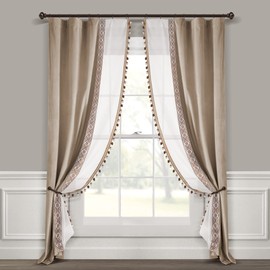 Lush Decor Luxury Vintage Velvet and Sheer with Border Pompom Trim Window Curtain Panel (Single), 84" L x 42" W, Taupe & Ivory