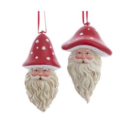 The Bridge Collection Santa Head with Mushroom Hat Ornaments - Set of 2 - Mushroom Themed Santa Claus Ornaments for Holiday Decor - Nature Santa Christmas Ornament