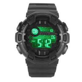 Men Dual Time Sports Watch Outdoor Waterproof PU Strap Digital Watch with Stopwatch Alarm Countdown Black
