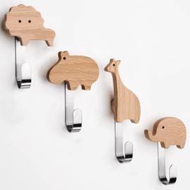Children's Wooden Coat Hooks in Animal Shapes, Oak, Wall Hooks, Coat Hooks, Children's Room, Animals, Lion, Elephant, Hippo, Giraffe, Decoration (Oak with 4 Metal Hooks)