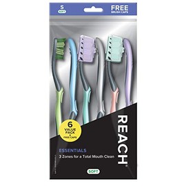Reach Essentials Toothbrush with Toothbrush Caps, Multi-Zoned Angled Soft Bristles & Essentials Toothbrush with Toothbrush Covers, Multi-Angled Medium Bristles, Contoured Handle