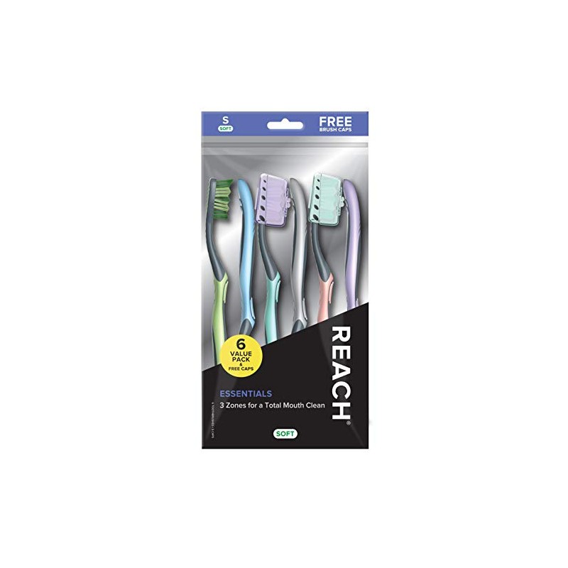 Reach Essentials Toothbrush with Toothbrush Caps, Multi-Zoned Angled Soft Bristles