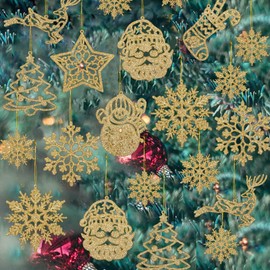 Pack of 42 Christmas Tree Decorations, White, Christmas Tree Pendants, 10 Types, Santa Stockings, Christmas Trees, Stars, Snowflakes, Snowmen, Reindeer, Glitter, Christmas Decorations