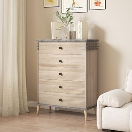 LOKO 5-Drawer Chest, Vertical Drawer Dresser with Solid Rubber Wood Legs, Interlocking Mechanism & Anti-Tipping Kit, Tall Storage Drawers Tower Organizer for Living Room, Bedroom, Hallway, Entryway