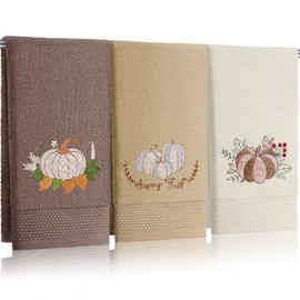 FuWeave 3Pcs Thanksgiving Hand Towels Fall Pumpkin Brown Hand Towels Happy Fall Embroidered Decorative for Bathroom Kitchen Decor Set, 100% Cotton, 13.3 x 29.5''