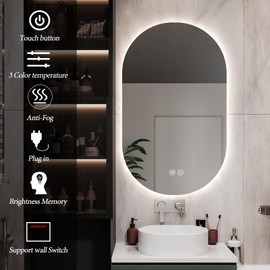 TheiaMo Oval LED Bathroom Mirror, 33"x20" Backlit Frameless Mirror Anti-Fog Smart Lighted Mirror Dimmable Illuminated Mirror CRI95+, Hanging Horizontally or Vertically