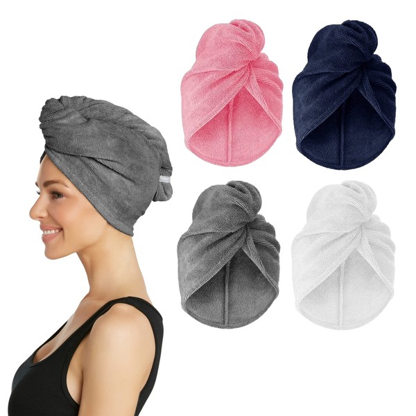 Turbie Twist Microfiber Hair Towel Wrap for Women and Men | 4 Pack | Bathroom Essential Accessories | Quick Dry Hair Turban for Drying Curly, Long & Thick Hair (Pink, Blue, Grey, White)