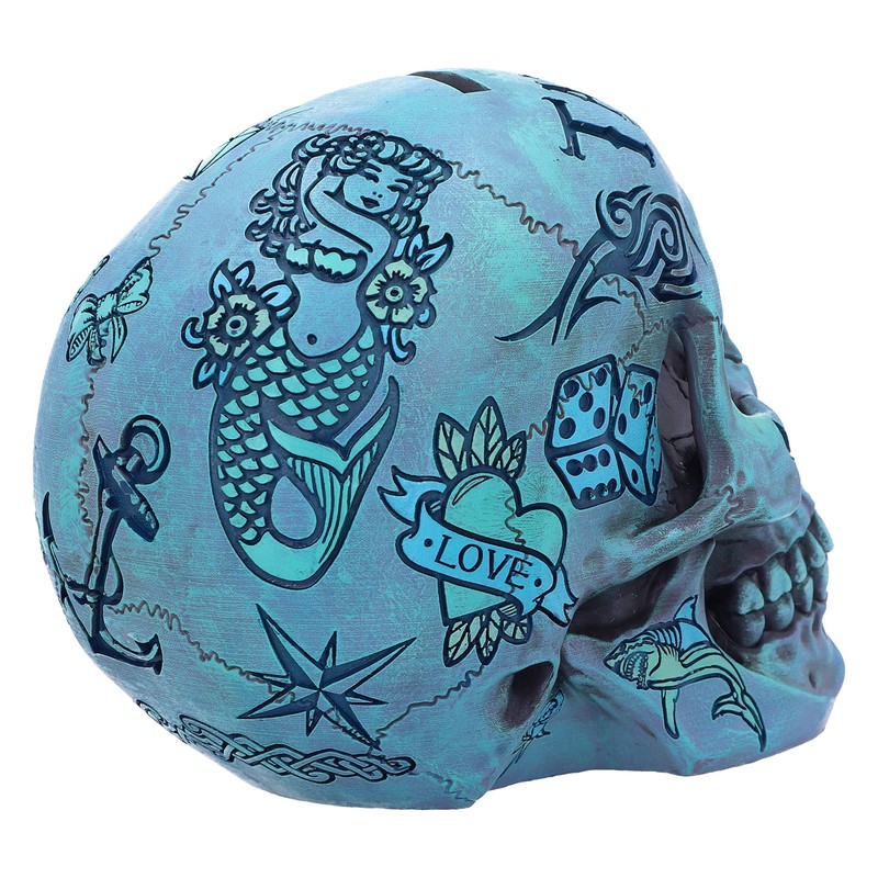 Nemesis Now Aqua Blue Traditional, Tribal Tattoo Fund Skull, Polyresin,