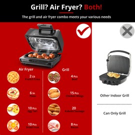 Electric Smokeless Indoor Grill & Air Fryer Combo, 7-in-1, Grill, Broil, Roast, Bake, Crisp, Dehydrate and More, with Non-Stick Plates Pot & Basket, 4QT, for 3-5 People