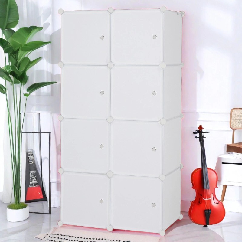 4-Tier Closet Storage Cabinet - White, 8-Cube, Hanging Rod &